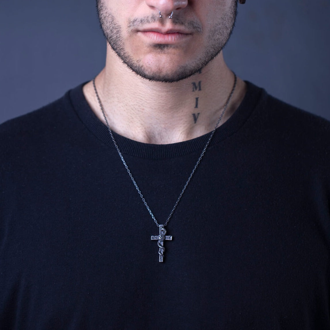 S925 Silver Black Gothic Cross with Snake Necklace For Men Manntara