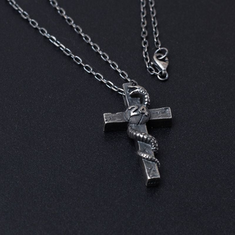 S925 Silver Black Gothic Cross with Snake Necklace For Men Manntara