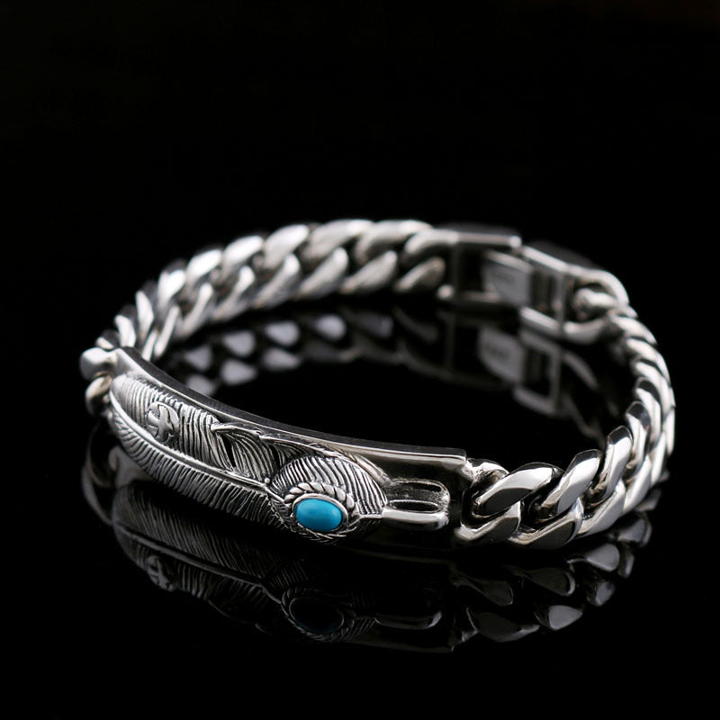 S925 Silver Casual Feather Blue Stone Bracelet for Men Manntara