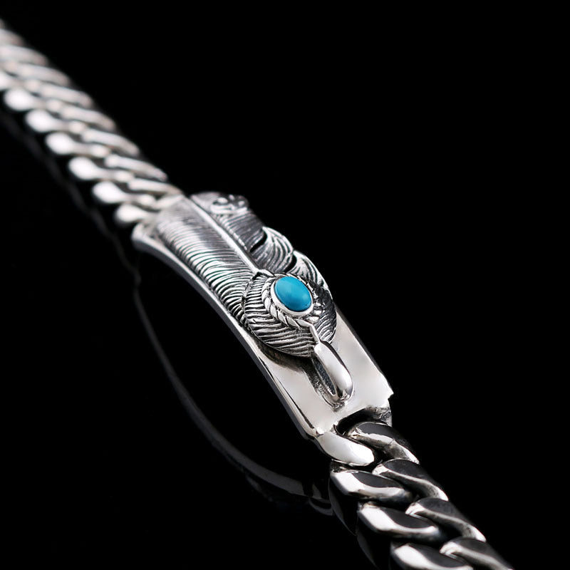 S925 Silver Casual Feather Blue Stone Bracelet for Men Manntara