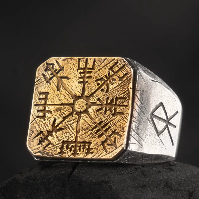 S925 Silver Golden-Silver Adjustable Viking Runes Compass Ring For Men Manntara