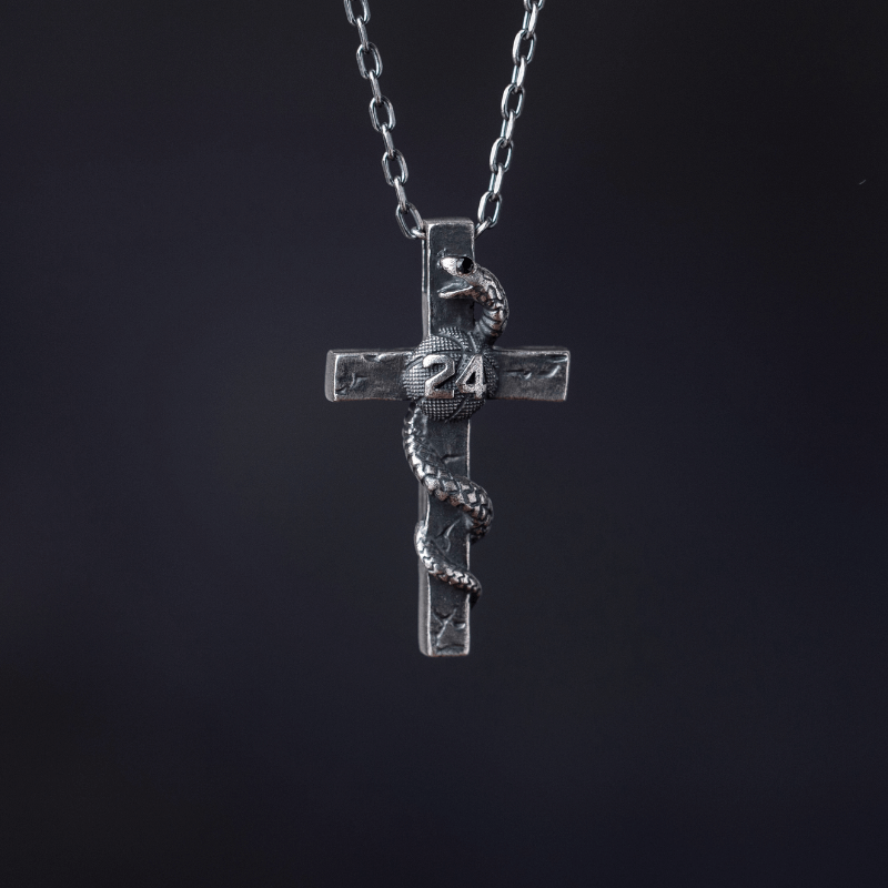 S925 Silver Black Gothic Cross with Snake Necklace For Men Manntara