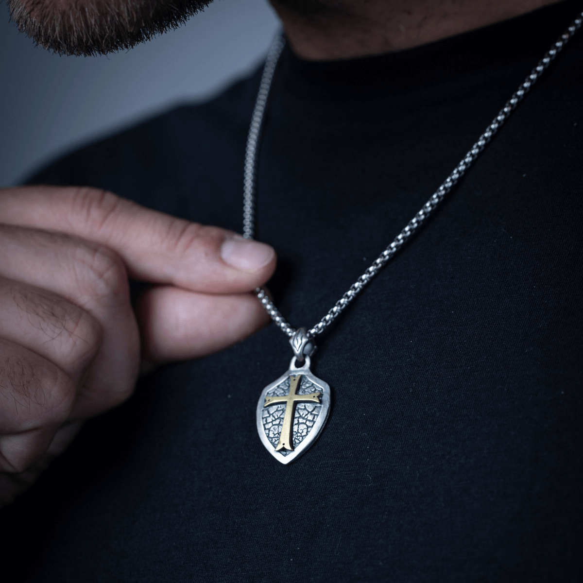 S925 Silver Golden Medieval Cross Locket Men's Necklace Manntara