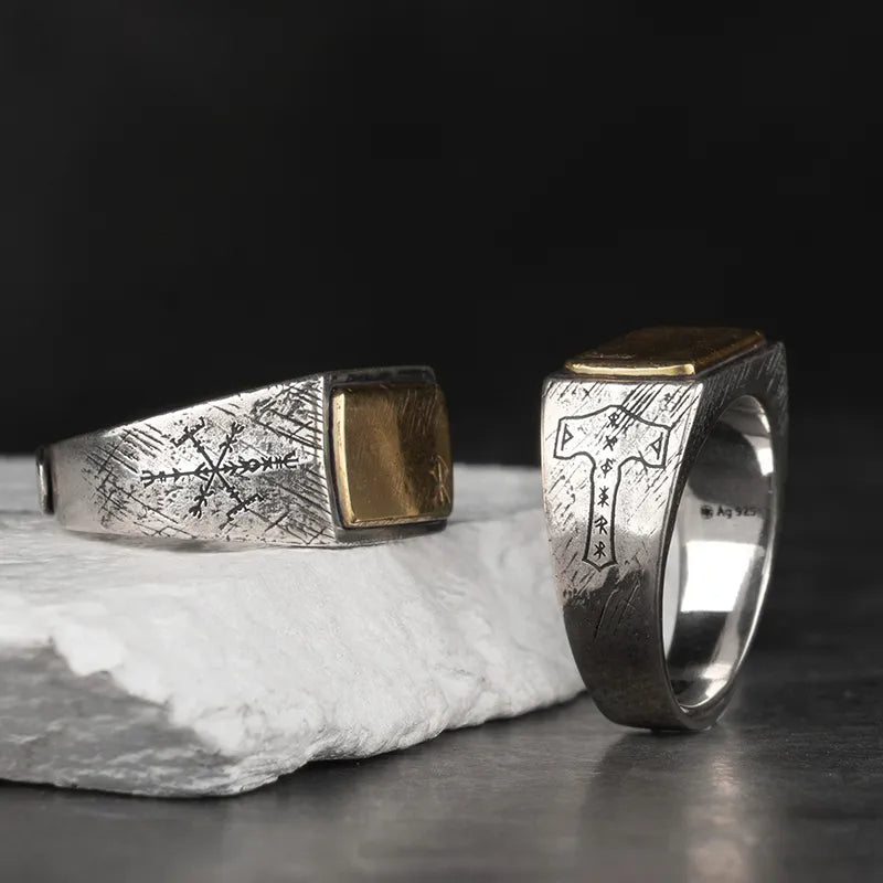 Silver-Golden S925 Silver Nordic Viking Rune Adjustable Ring For Men Manntara