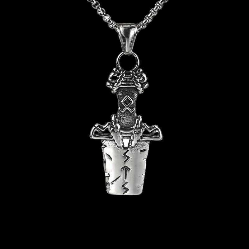 Silver Nordic Viking Rune Sword Necklace of Stainless Steel for Men Manntara