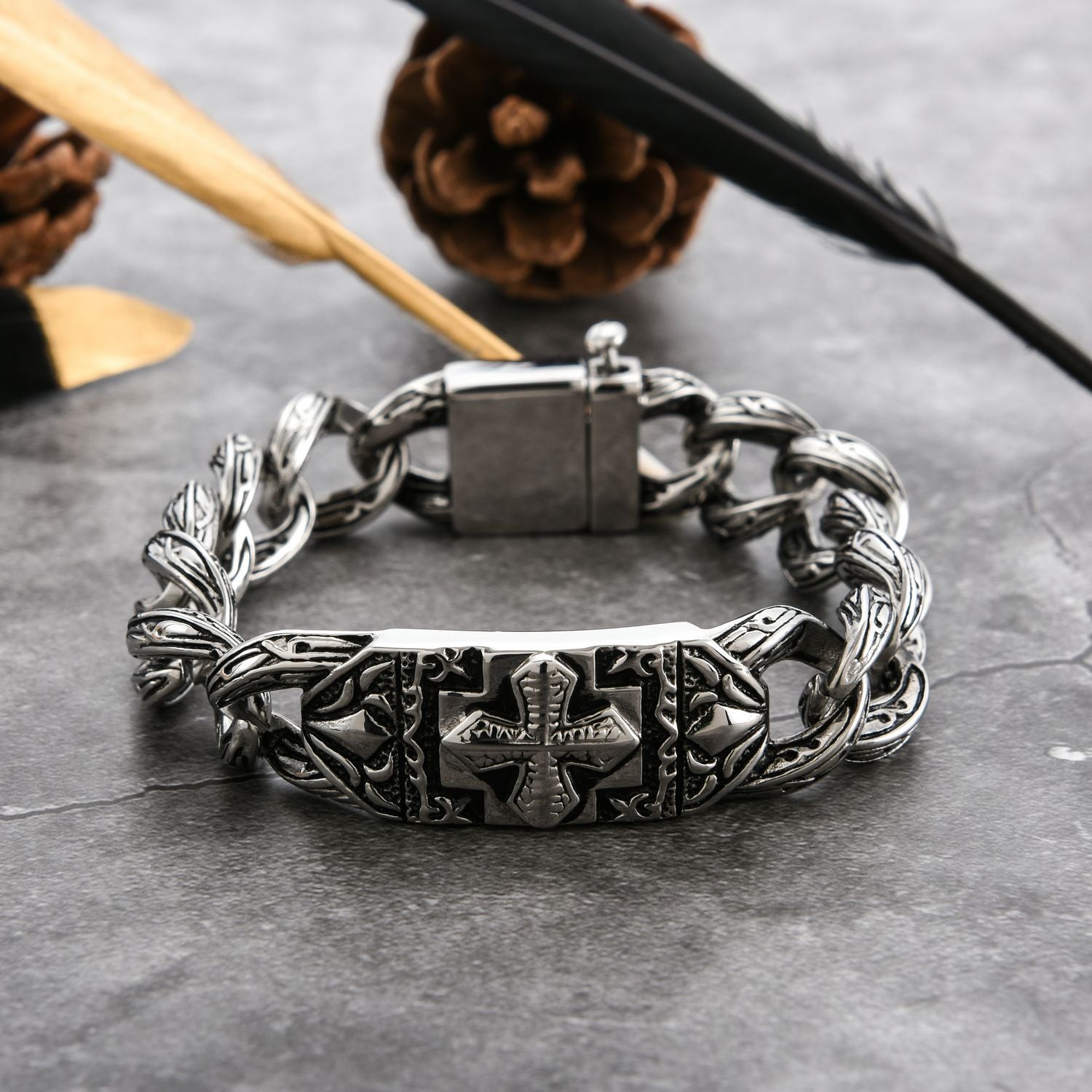 Silver Stainless Steel Catholic Cross Biker Chain Bracelet for Men Manntara