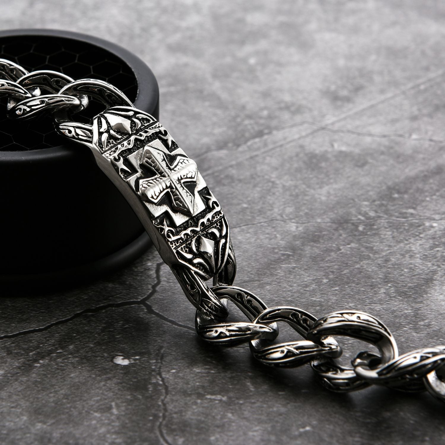 Silver Stainless Steel Catholic Cross Biker Chain Bracelet for Men Manntara