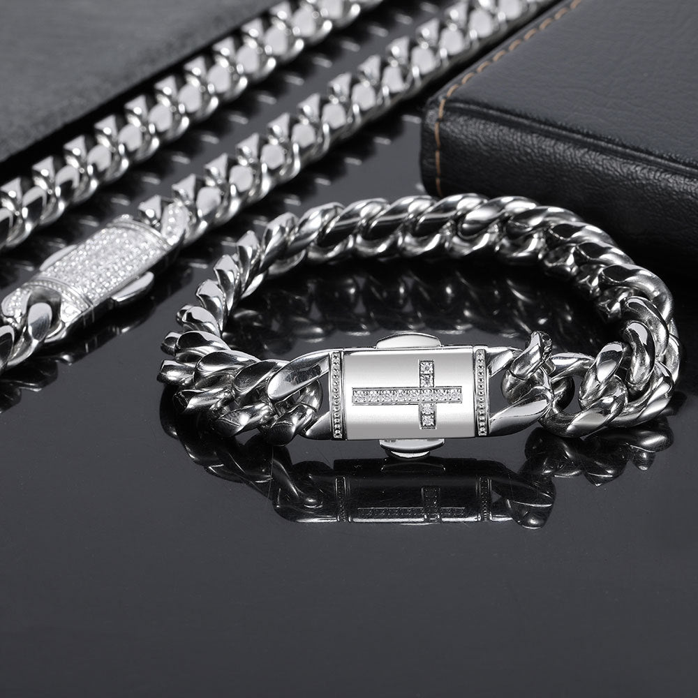 Silver Stainless Steel Catholic Cross Cuban Chain Bracelet for Men Manntara