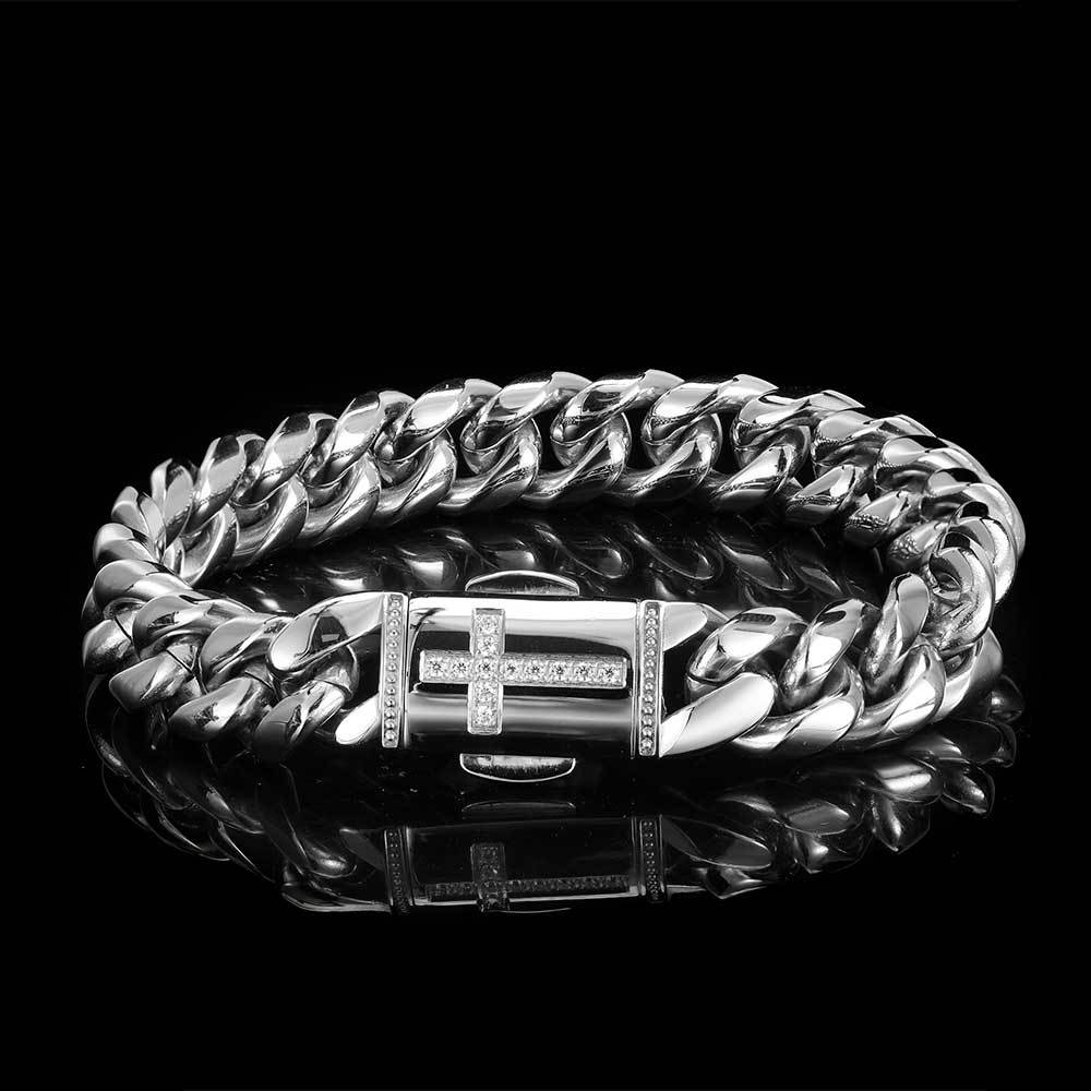 Silver Stainless Steel Catholic Cross Cuban Chain Bracelet for Men Manntara