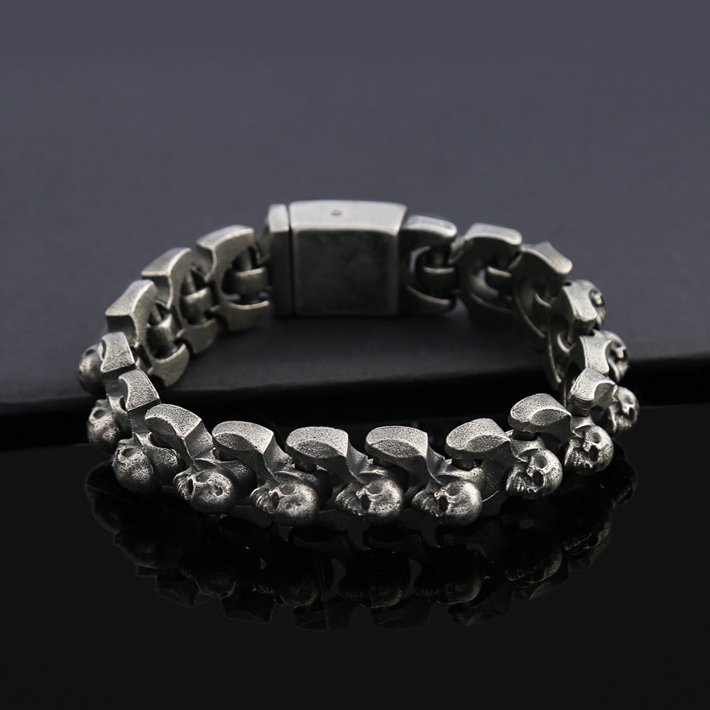 6mm Silver Stainless Steel Gothic Skull Heads Biker Bracelet for Men Manntara