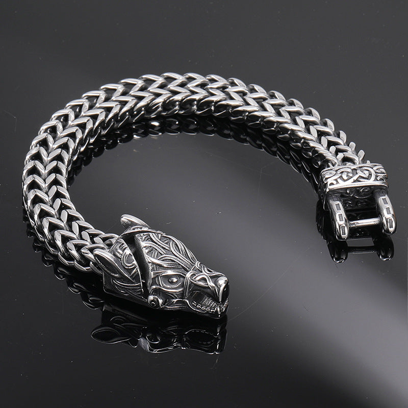 Silver Stainless Steel Thick Viking Wolf Chain Bracelet for Men Manntara
