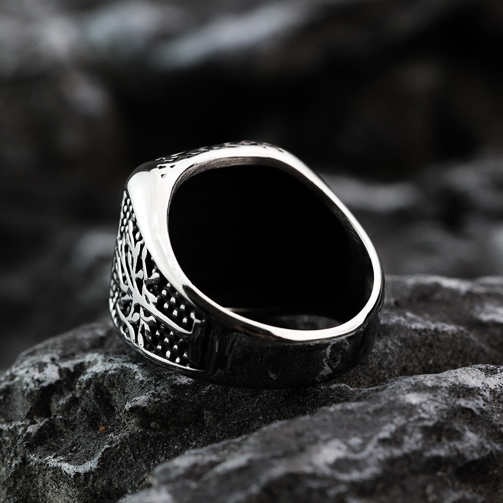 Silver Vegvisir Nordic Compass and Tree of Life Men's Ring Manntara