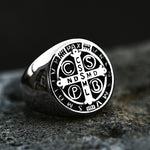 Silver Saint Benedict Catholic Cross Stainless Steel Unisex Ring Manntara