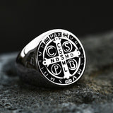 Silver Saint Benedict Catholic Cross Stainless Steel Unisex Ring Manntara