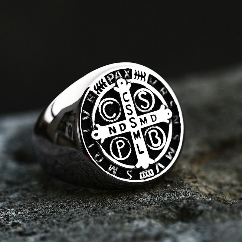 Silver Saint Benedict Catholic Cross Stainless Steel Unisex Ring Manntara