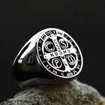 Silver Saint Benedict Catholic Cross Stainless Steel Unisex Ring Manntara