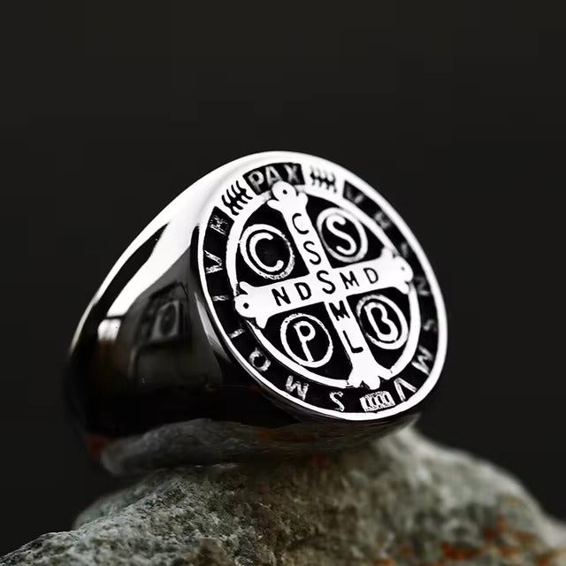 Silver Saint Benedict Catholic Cross Stainless Steel Unisex Ring Manntara