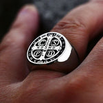 Silver Saint Benedict Catholic Cross Stainless Steel Unisex Ring Manntara