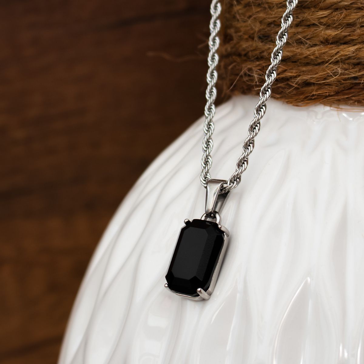 Silver Stainless Steel Black Onyx Men's Pendant Manntara