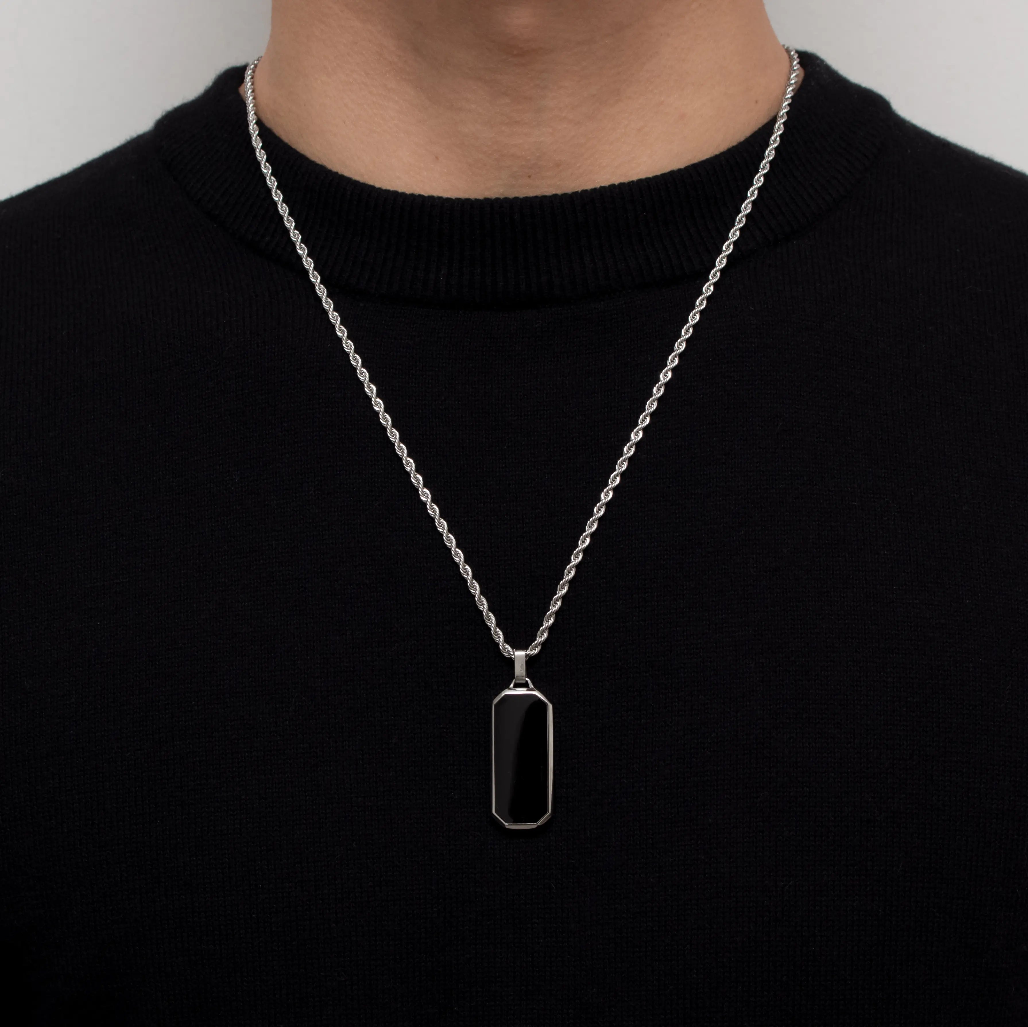 Silver Stainless Steel Black Onyx Rectangular Men's Necklace Manntara