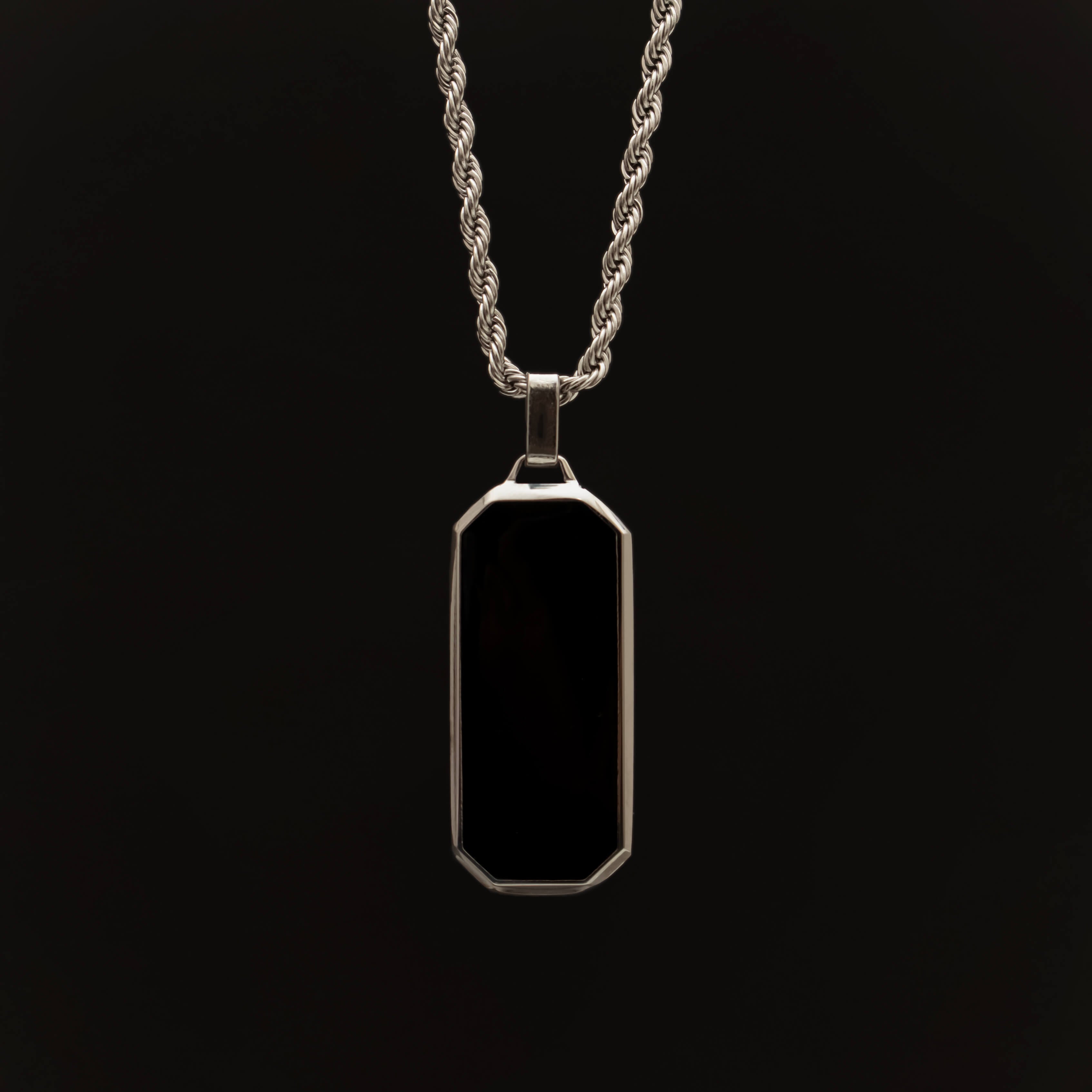 Silver Stainless Steel Black Onyx Rectangular Men's Necklace Manntara