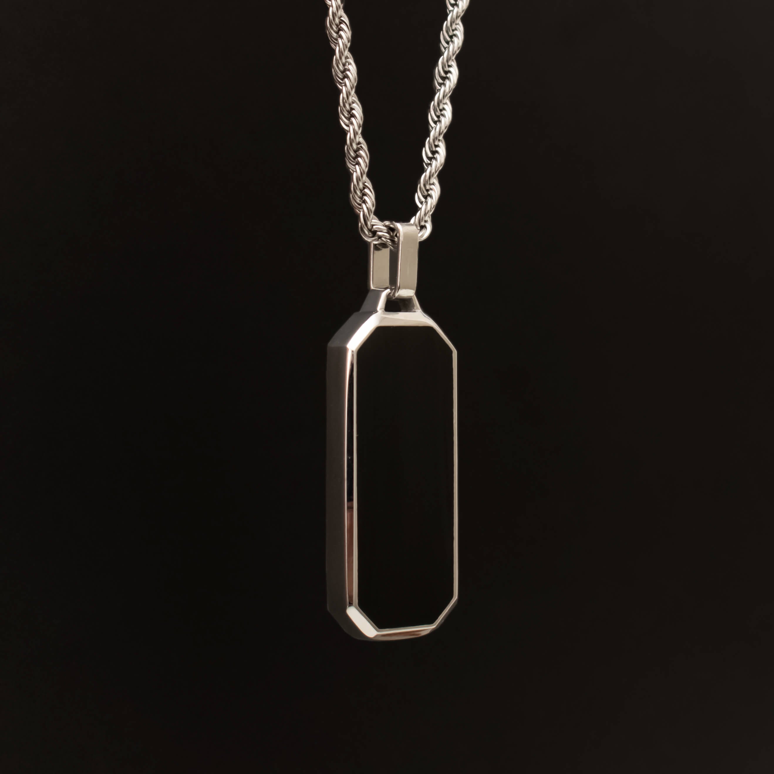 Silver Stainless Steel Black Onyx Rectangular Men's Necklace Manntara