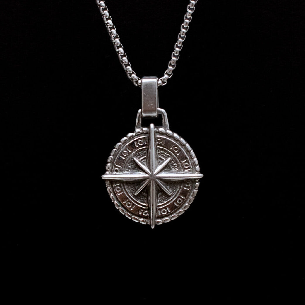 Silver Stainless Steel Compass Necklace For Men Manntara
