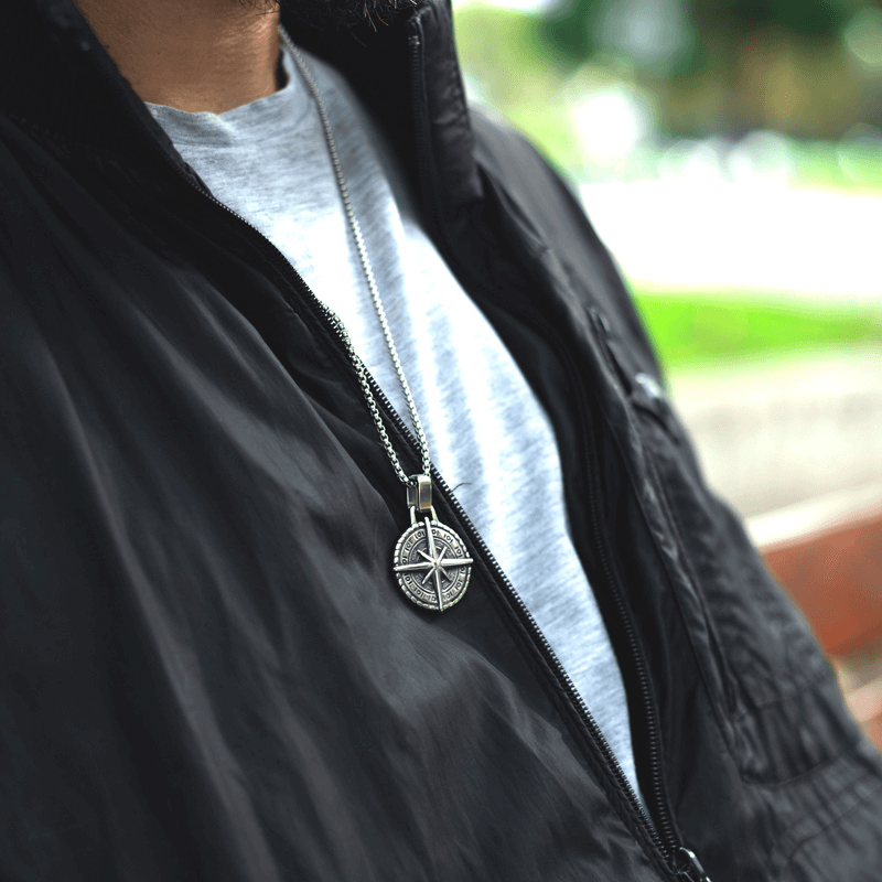 Silver Stainless Steel Compass Necklace For Men Manntara