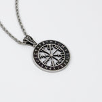 Silver Stainless Steel Vegvísir Viking Compass Men's Necklace Manntara