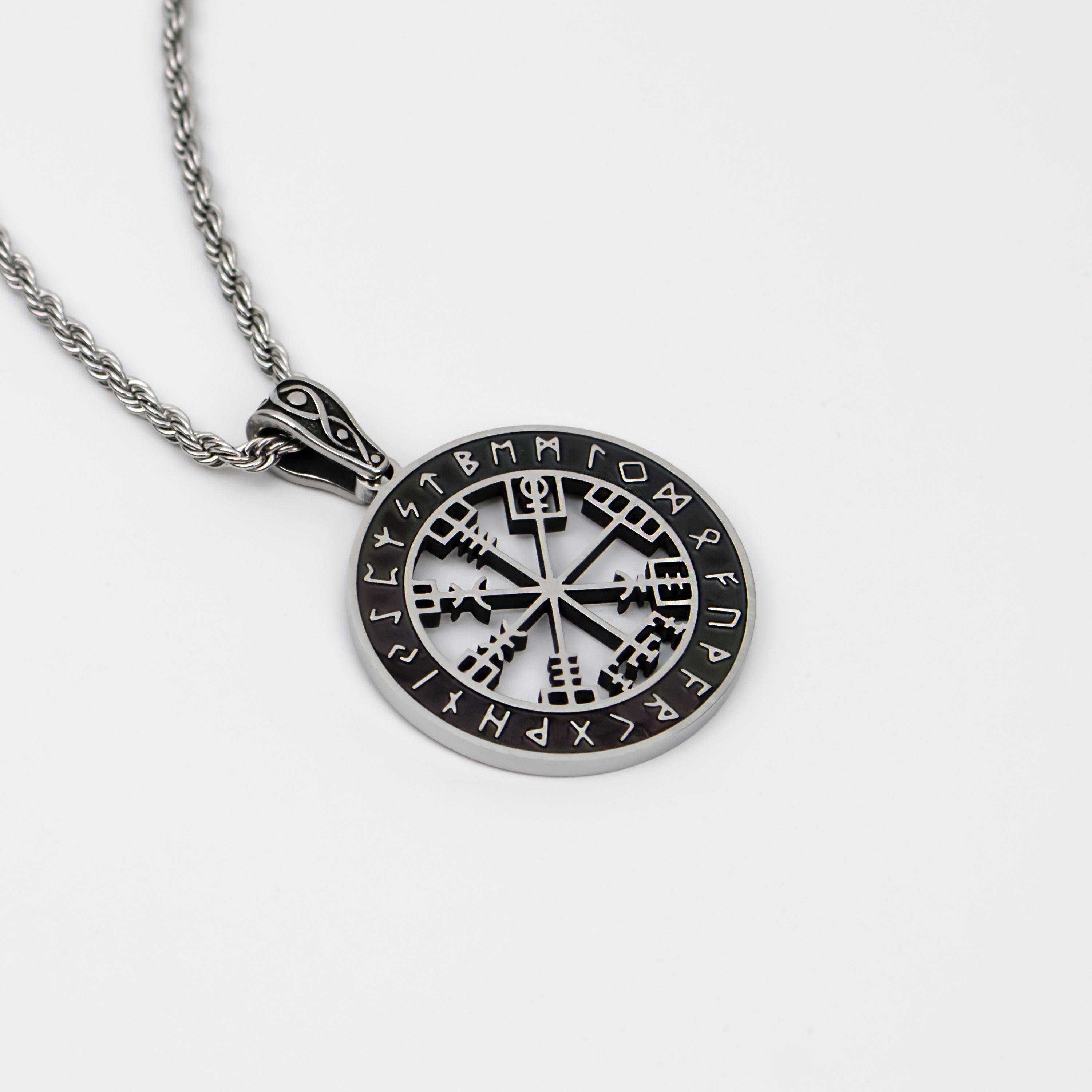 Silver Stainless Steel Vegvísir Viking Compass Men's Necklace Manntara