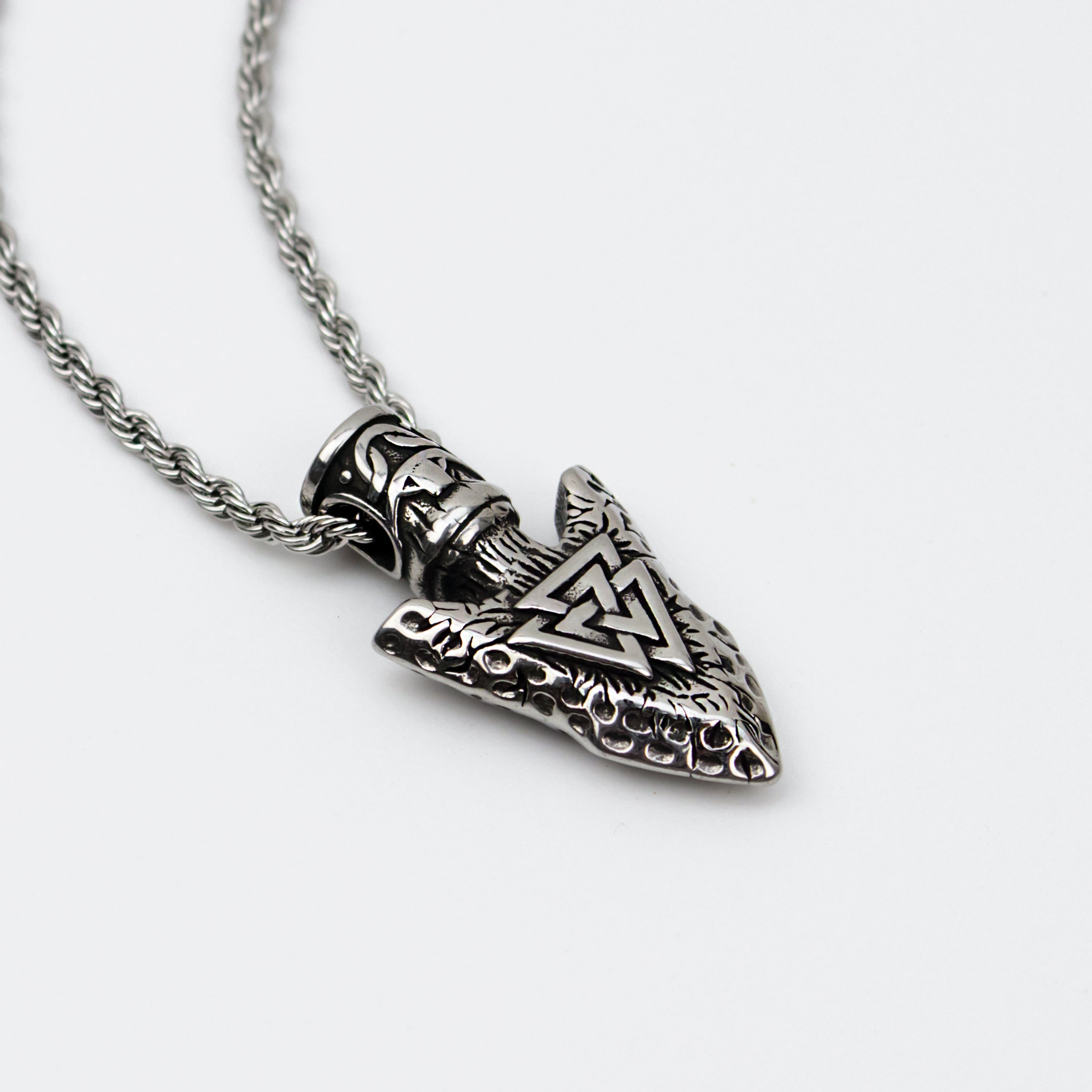 Silver Stainless Steel Viking Valknut Arrow Men's Necklace Manntara