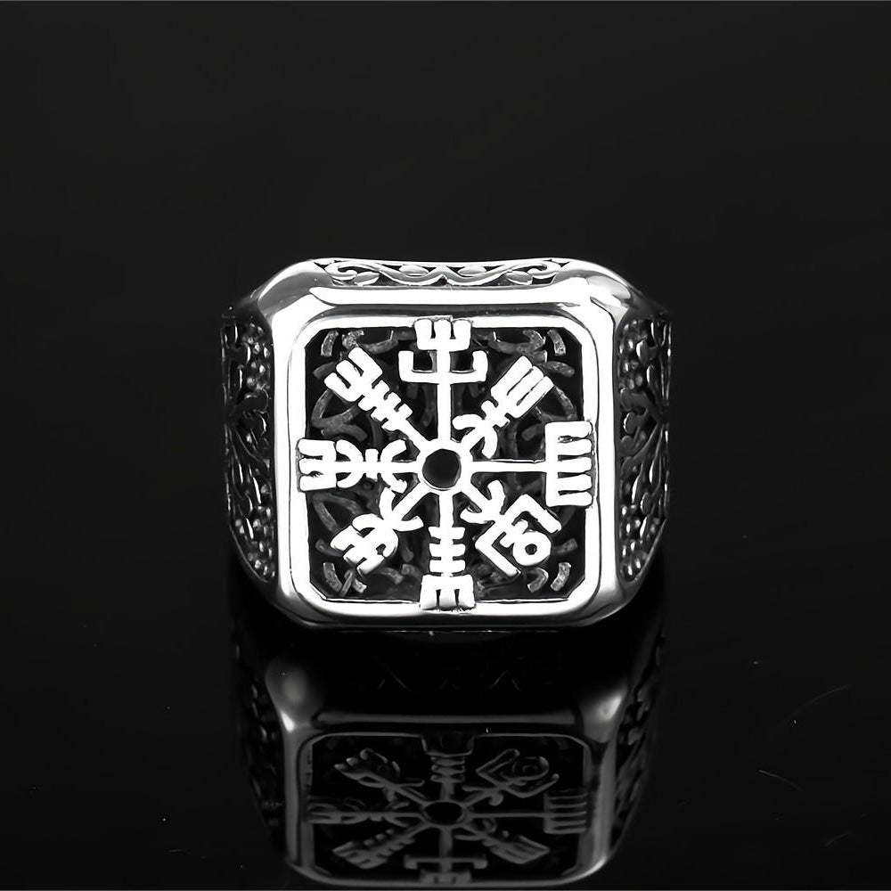 Silver Vegvisir Nordic Compass and Tree of Life Men's Ring Manntara