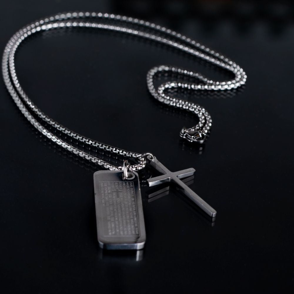 Stainless Steel Engraved Plate Cross Necklace with Our Father Prayer Manntara