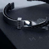 Stainless Steel & Leather Black Silver Cuff Luxury Bracelet for Men Manntara
