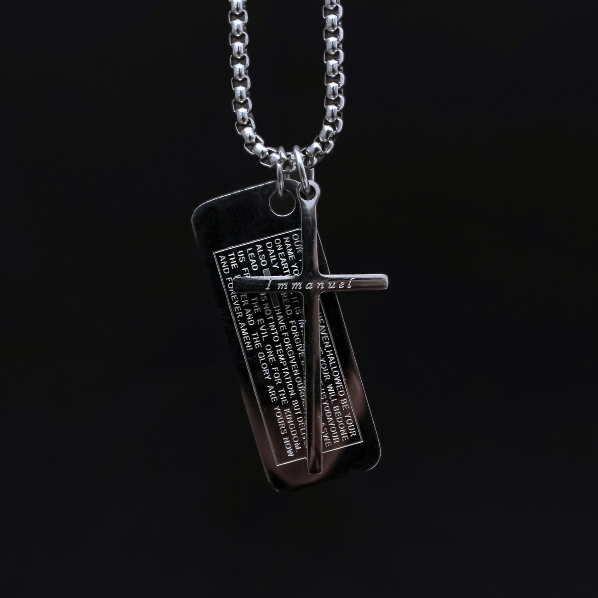 Stainless Steel Engraved Plate Cross Necklace with Our Father Prayer Manntara