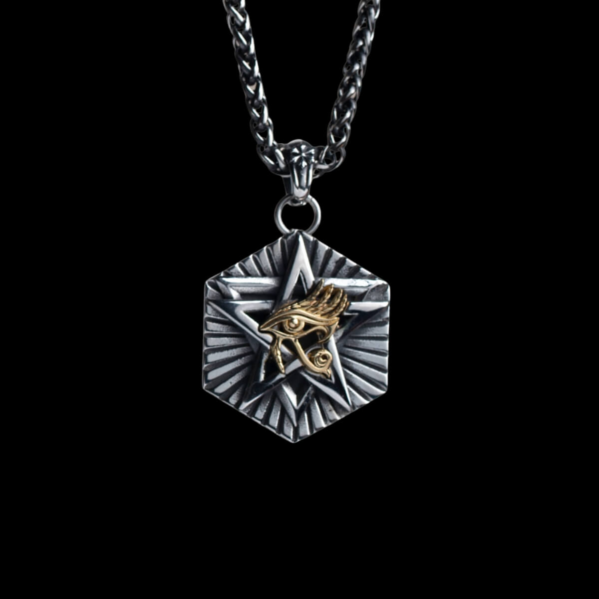 Stainless Steel Horus Eye Hexagon Gothic Pendant For Men  Egyptian Jewelry Manntara