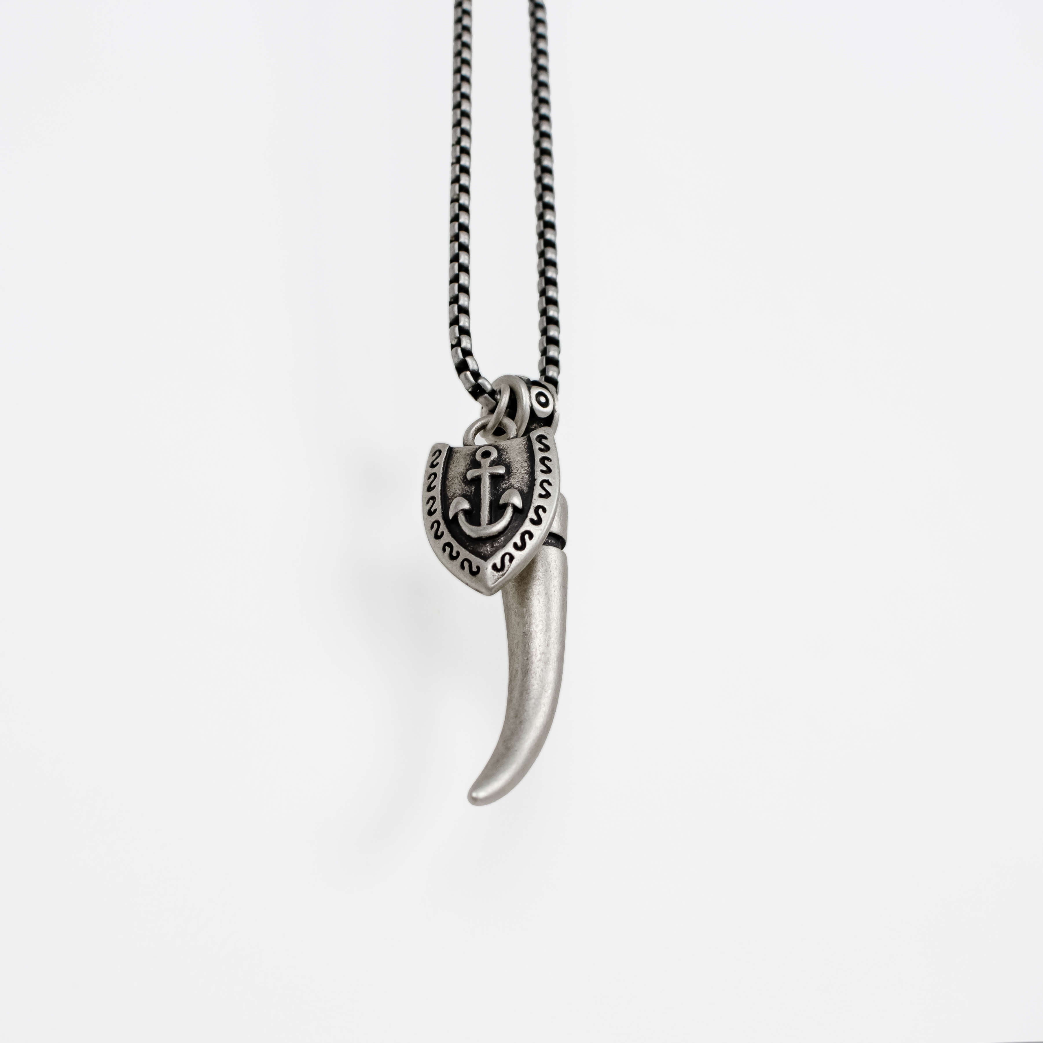 Stainless Steel Silver Wolf Fang and Anchor Necklace For Men Manntara