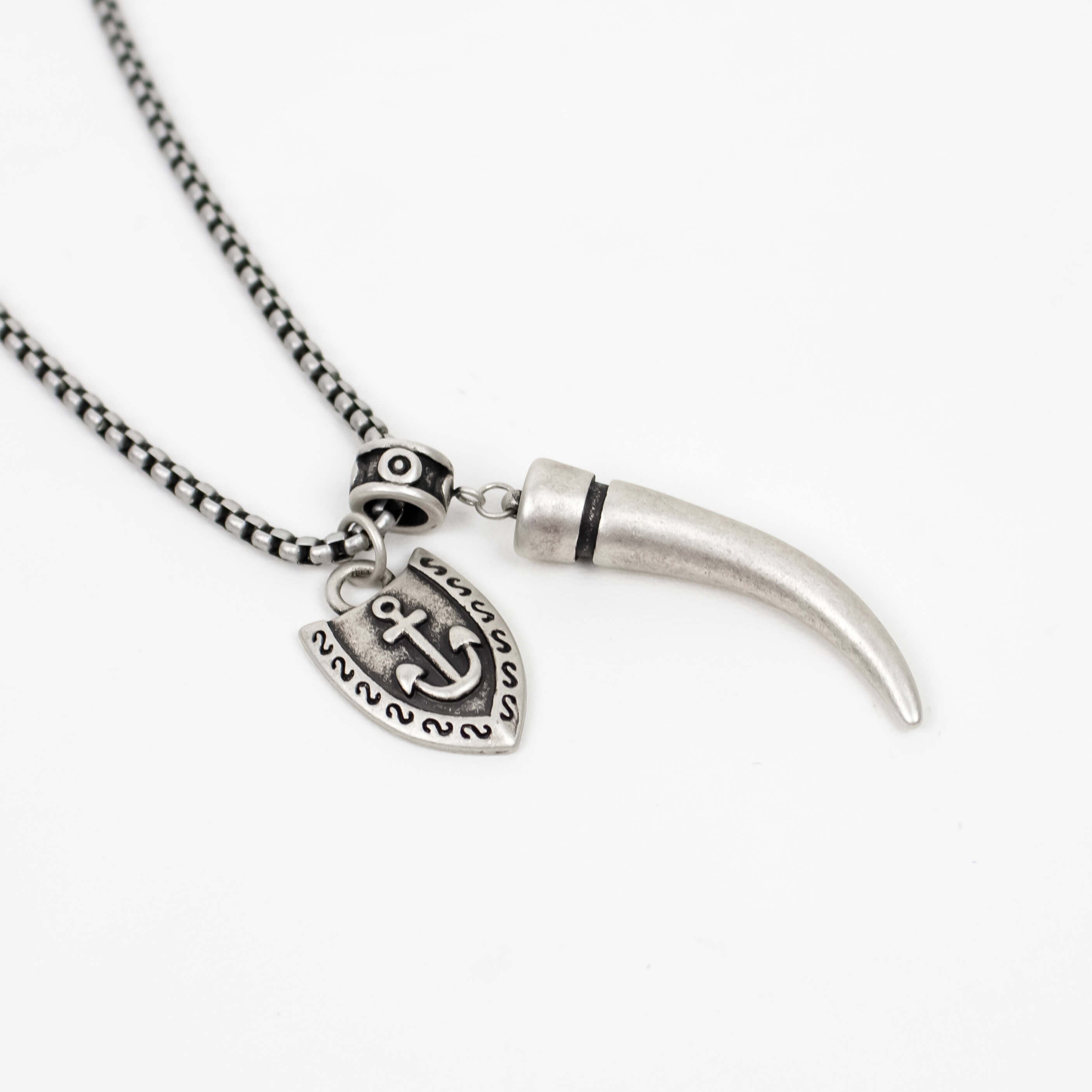 Stainless Steel Silver Wolf Fang and Anchor Necklace For Men Manntara