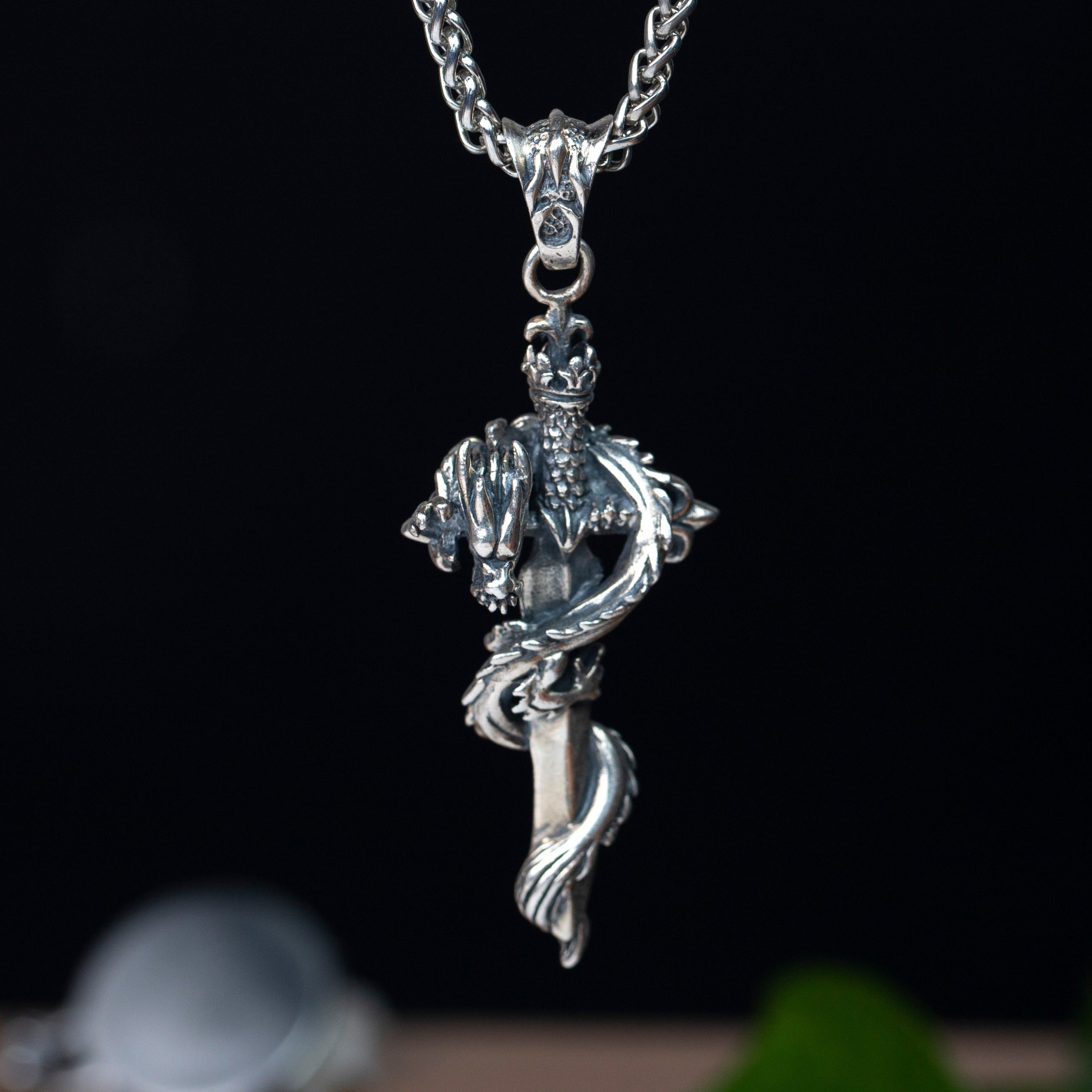 Sterling 925 Silver Dragon Sword Gothic Necklace For Men