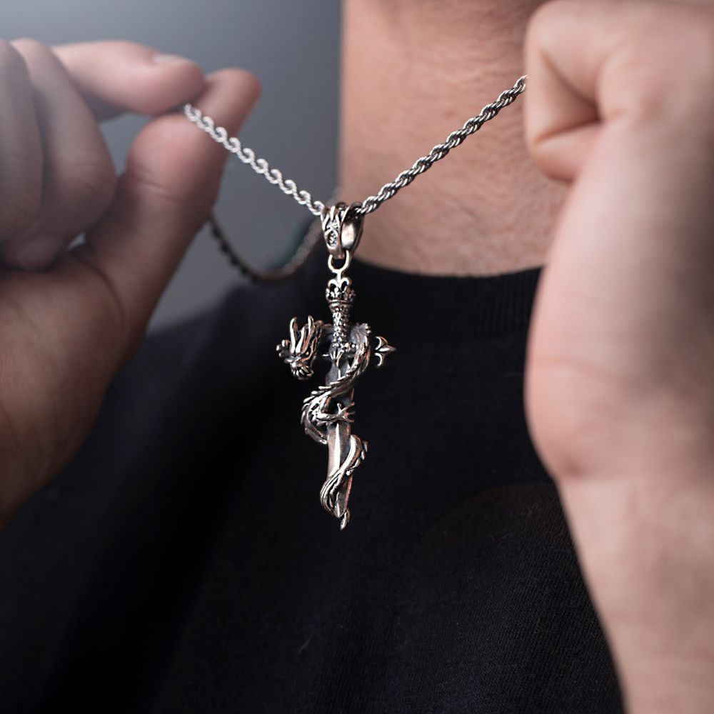 Sterling 925 Silver Dragon Sword Gothic Necklace For Men Manntara