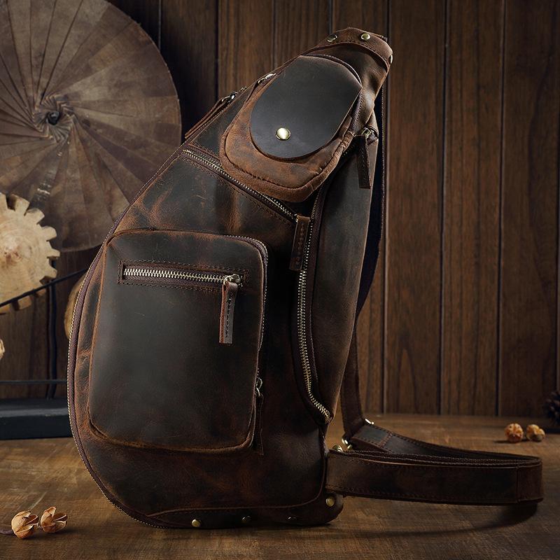 Unique Men's brown leather shoulder vintage bag