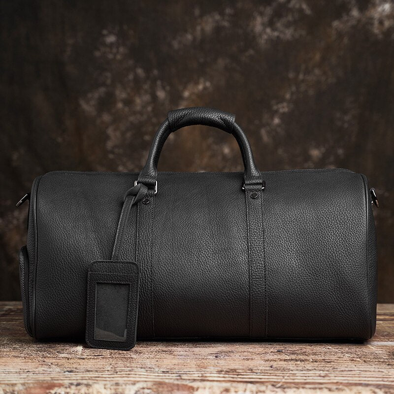 Black Leather Travel Duffel Bag For Men & Women Manntara