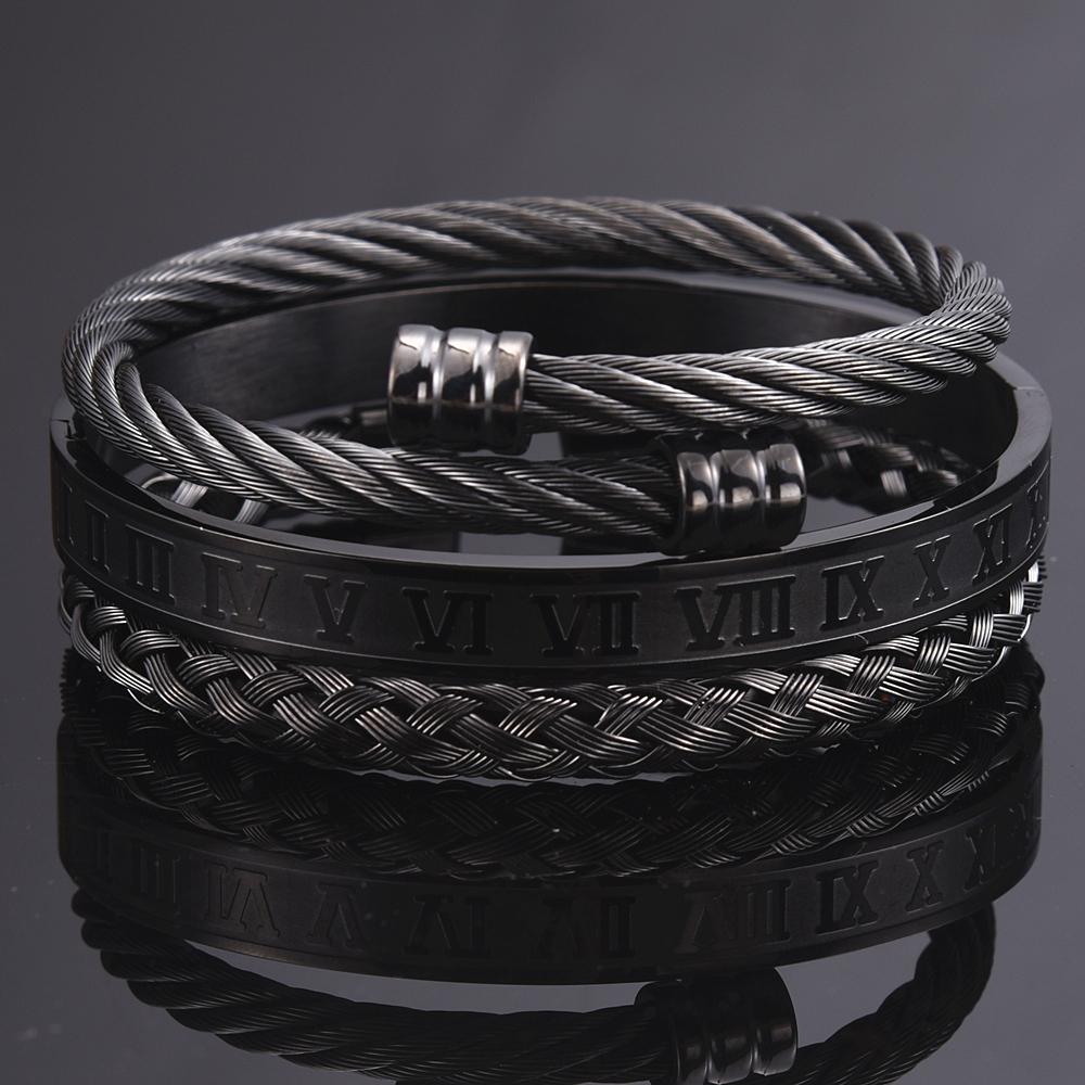 Black Stainless Steel & Rhodium Roman Bracelet Set For Men
