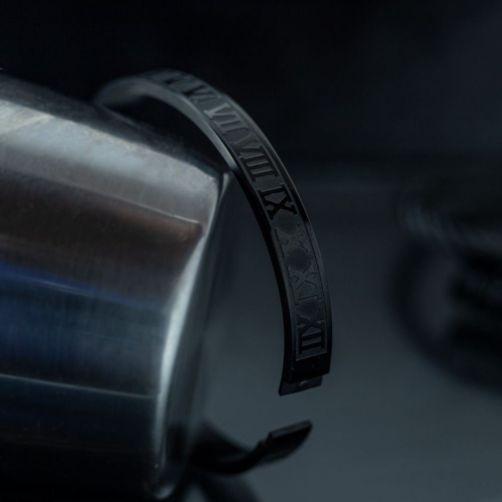 Black Stainless Steel & Rhodium Roman Bracelet Set For Men