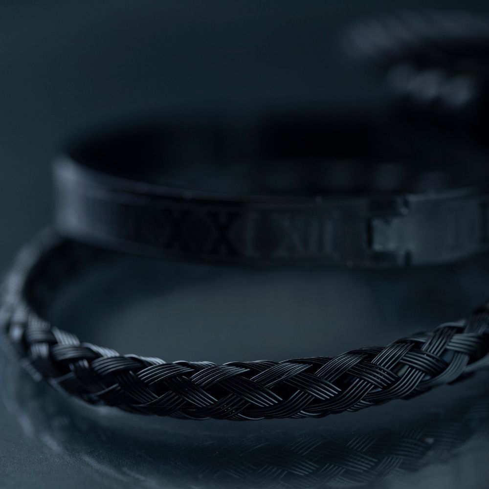 Black Stainless Steel & Rhodium Roman Bracelet Set For Men
