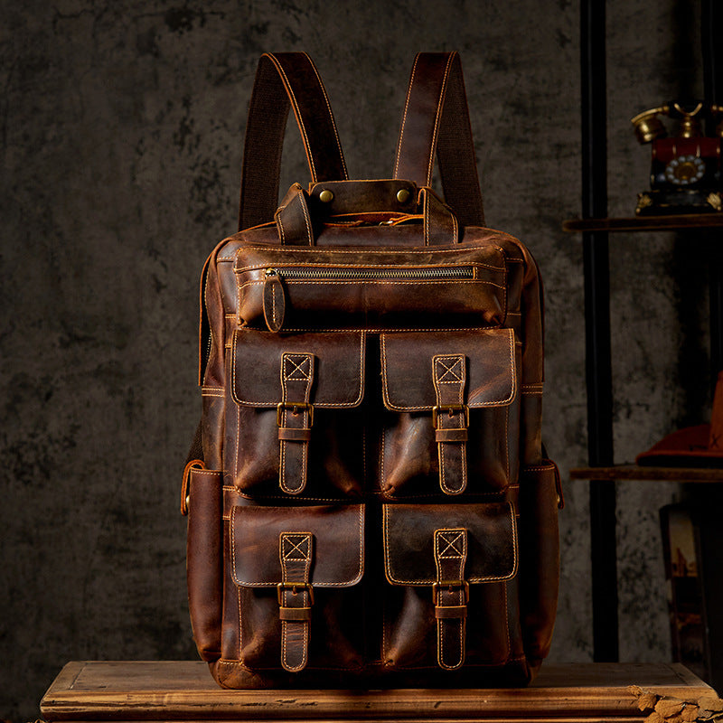Brown Full-Grain Leather Travel Retro Laptop Backpack for Men