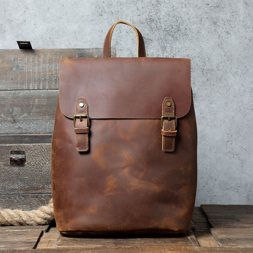 Brown Full-Grain Leather Vintage Retro Unisex Backpack
