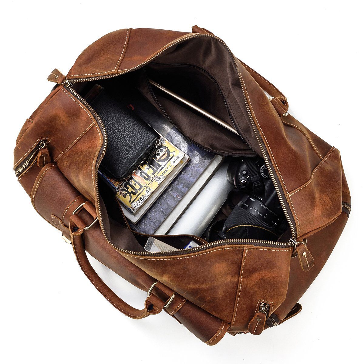 Brown Full-grain Leather Vintage Travel Duffle Bag for Men & Women