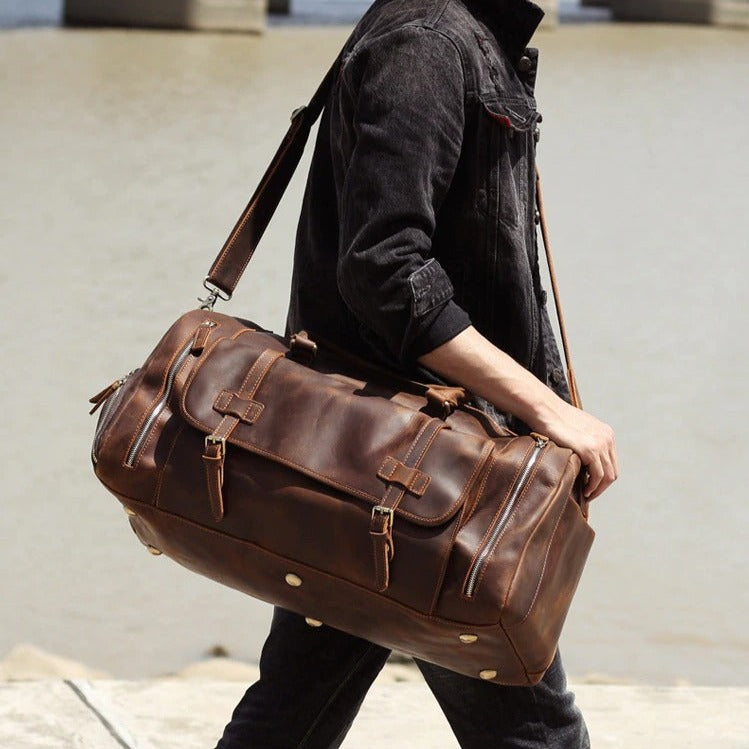 Dark Brown Leather Duffle Bag for Men & Women