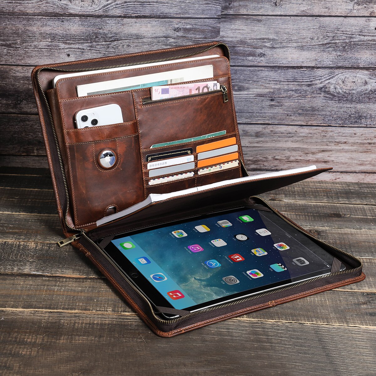 Full-Grain Brown Leather iPad Productivity Case
